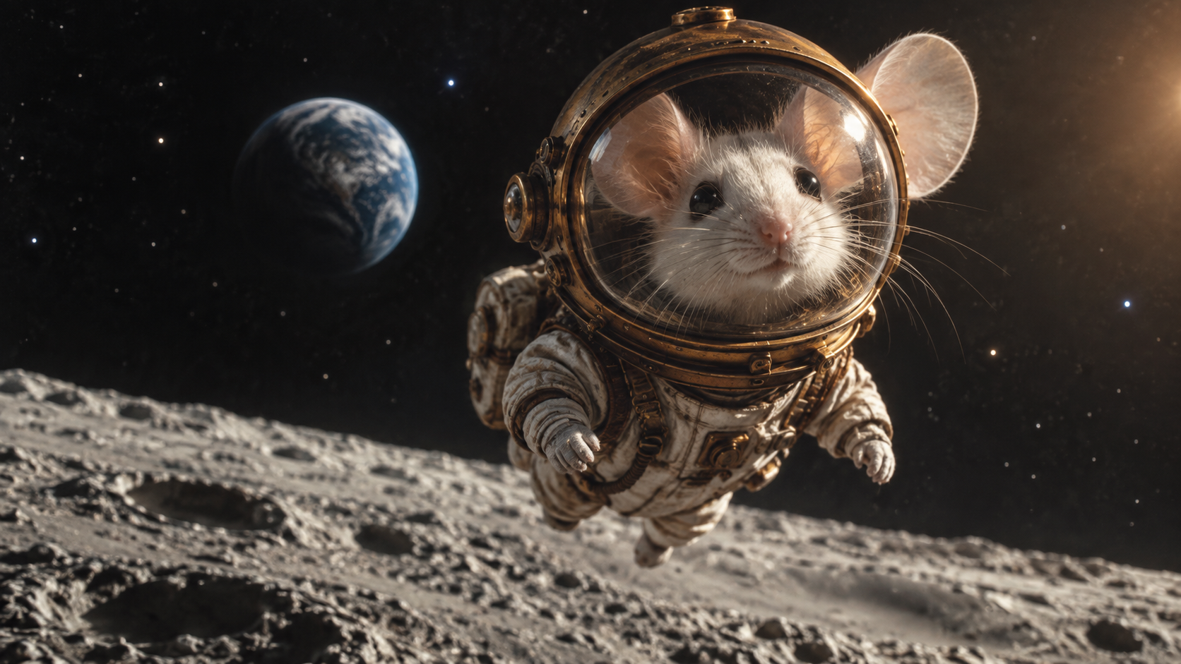 Imaginary white mouse astronaut in a brass helmet above a moon, with a planet behind it